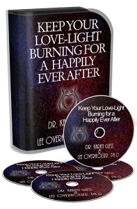 A picture of the box set and CDs of Dr. Karen Gless Keep your Love-Light Burning for a Happily Ever After Course